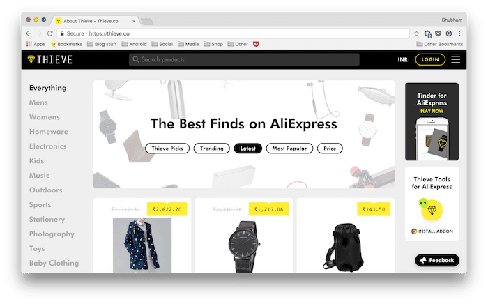thieve sélectionne les meilleures offres d'AliExpress pour que vous n'ayez pas à le faire - capture d'écran thieve aliexpress
