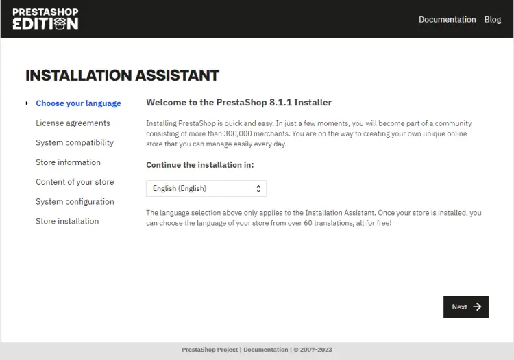 Page d'installation de PrestaShop