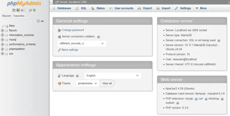 panel de control de phpmyadmin