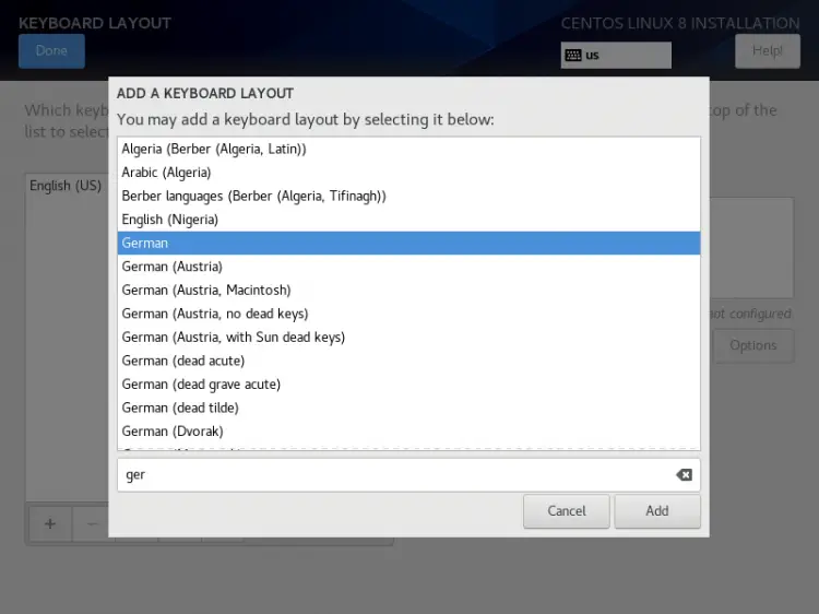 Adicionar layout de teclado Alemão no CentOS 8
