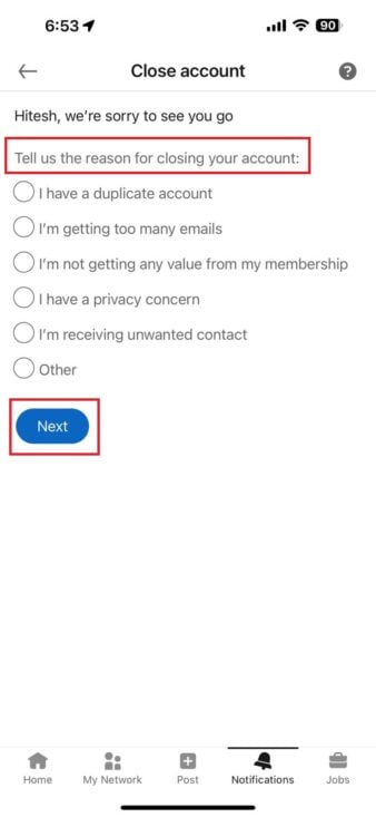 wie man ein linkedin-konto löscht- grundauswahl