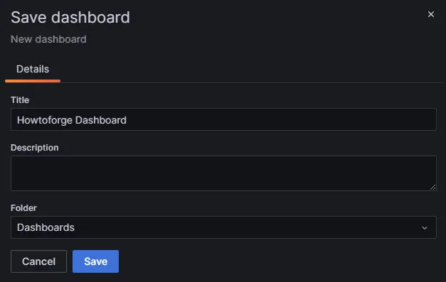 Grafana Dashboard speichern-Popup