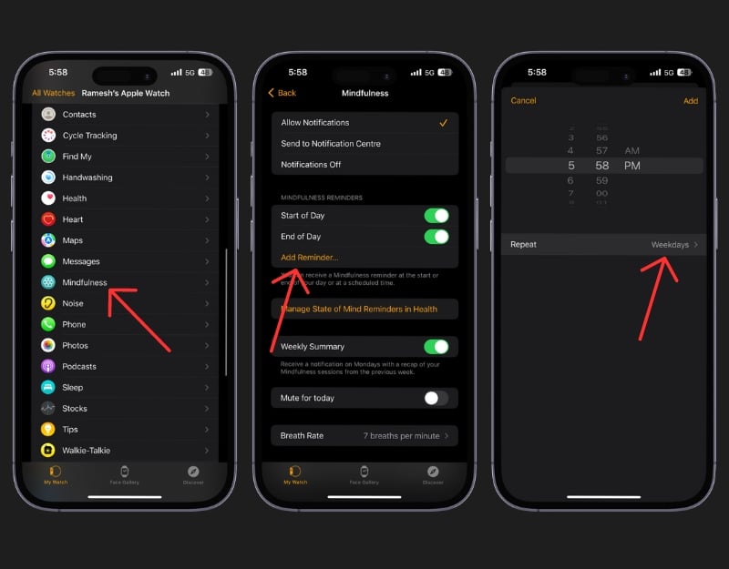 добавить напоминания о внимательности на apple watch