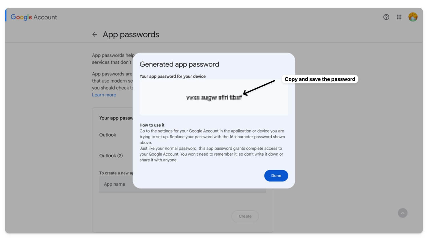 copy and save the password