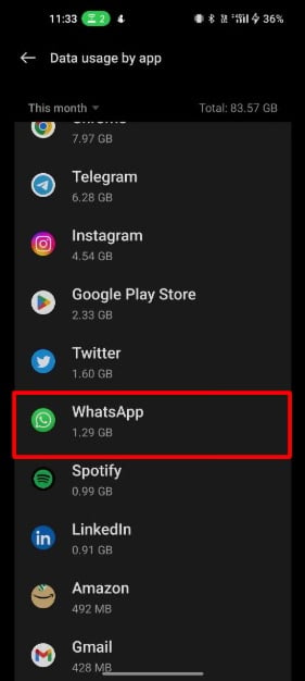 imagem mostrando lista de aplicativos de uso de dados no android