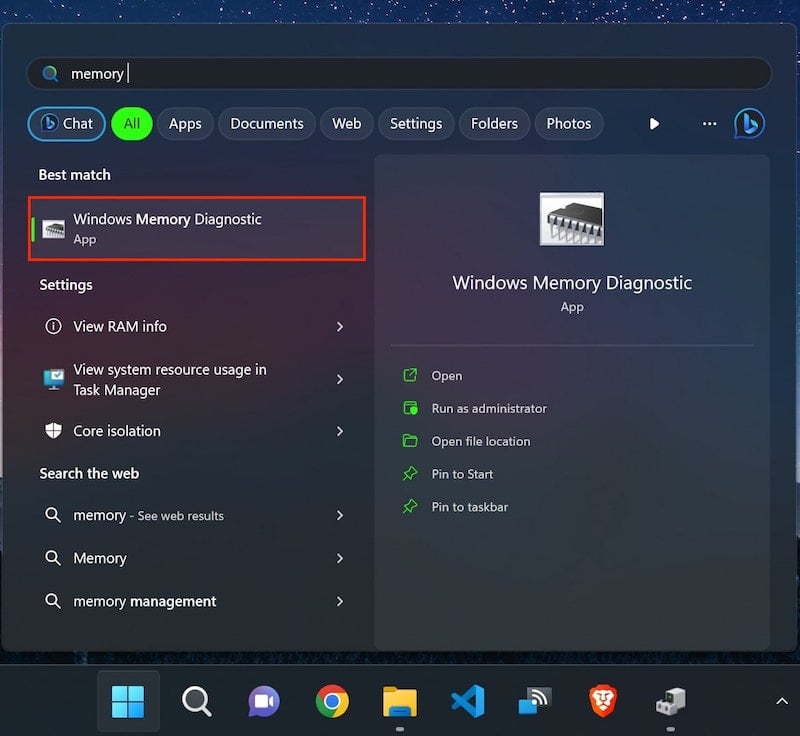 cercando lo strumento di diagnosi della memoria di windows