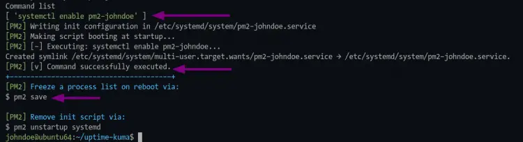 pm2 generiert die systemd-Dienstdatei für Uptime-Kuma