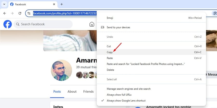 copie a URL do perfil bloqueado