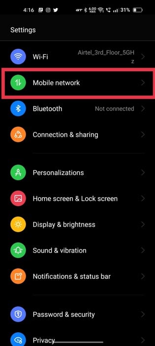 configuración de red android