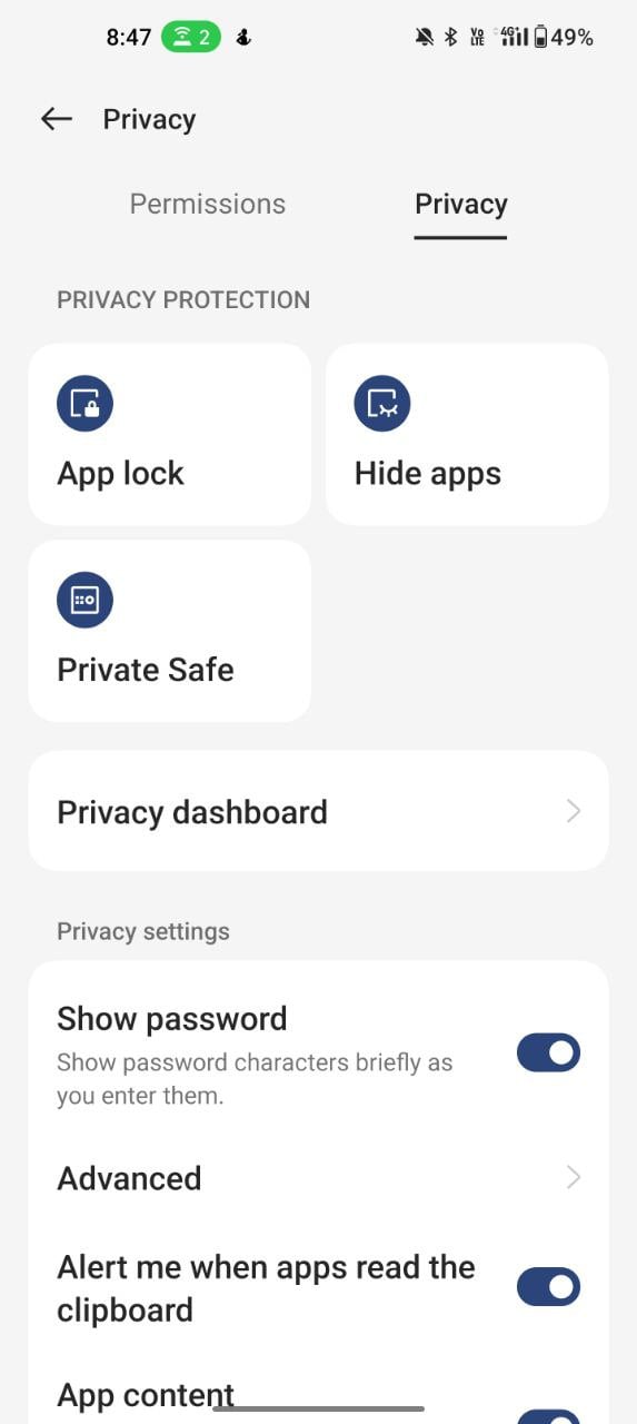 schermata della privacy