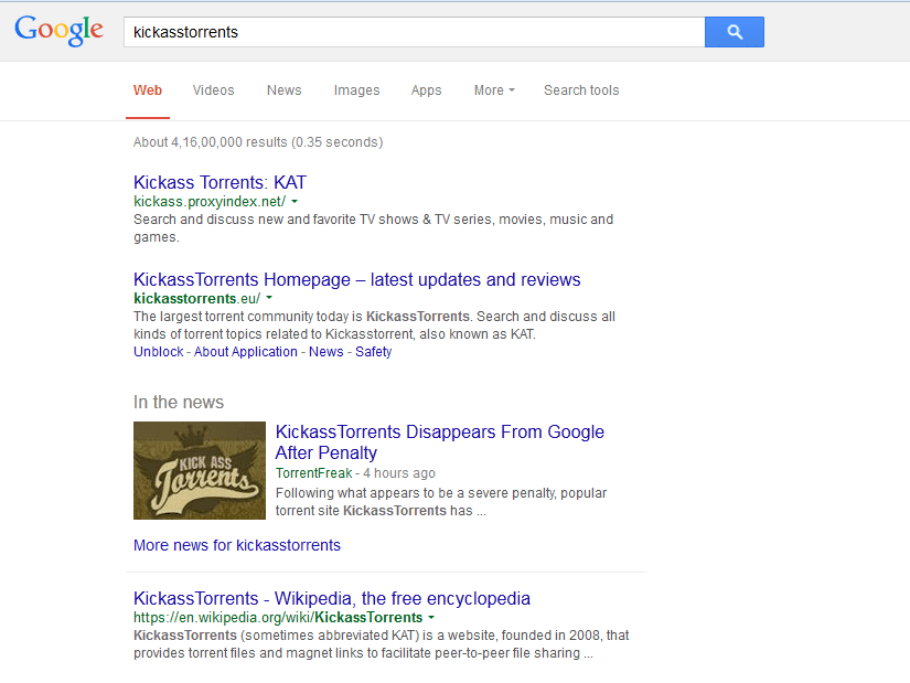 Google удаляет Kickass Torrents со своей страницы поиска