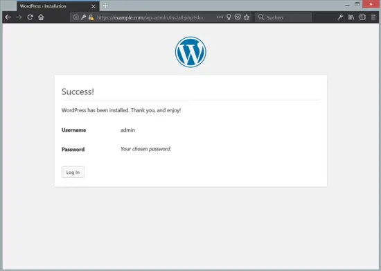 Succès de l'installation WordPress