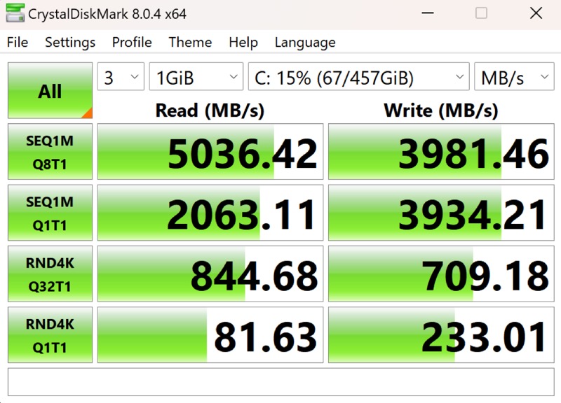résultats cystaldiskmark du galaxy3 pro