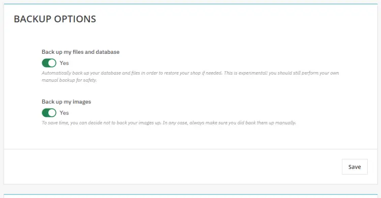 Options de sauvegarde de PrestaShop
