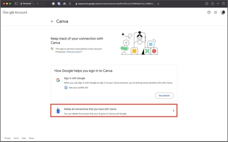 suppression de toutes les connexions avec une application pour révoquer l'accès au compte google.