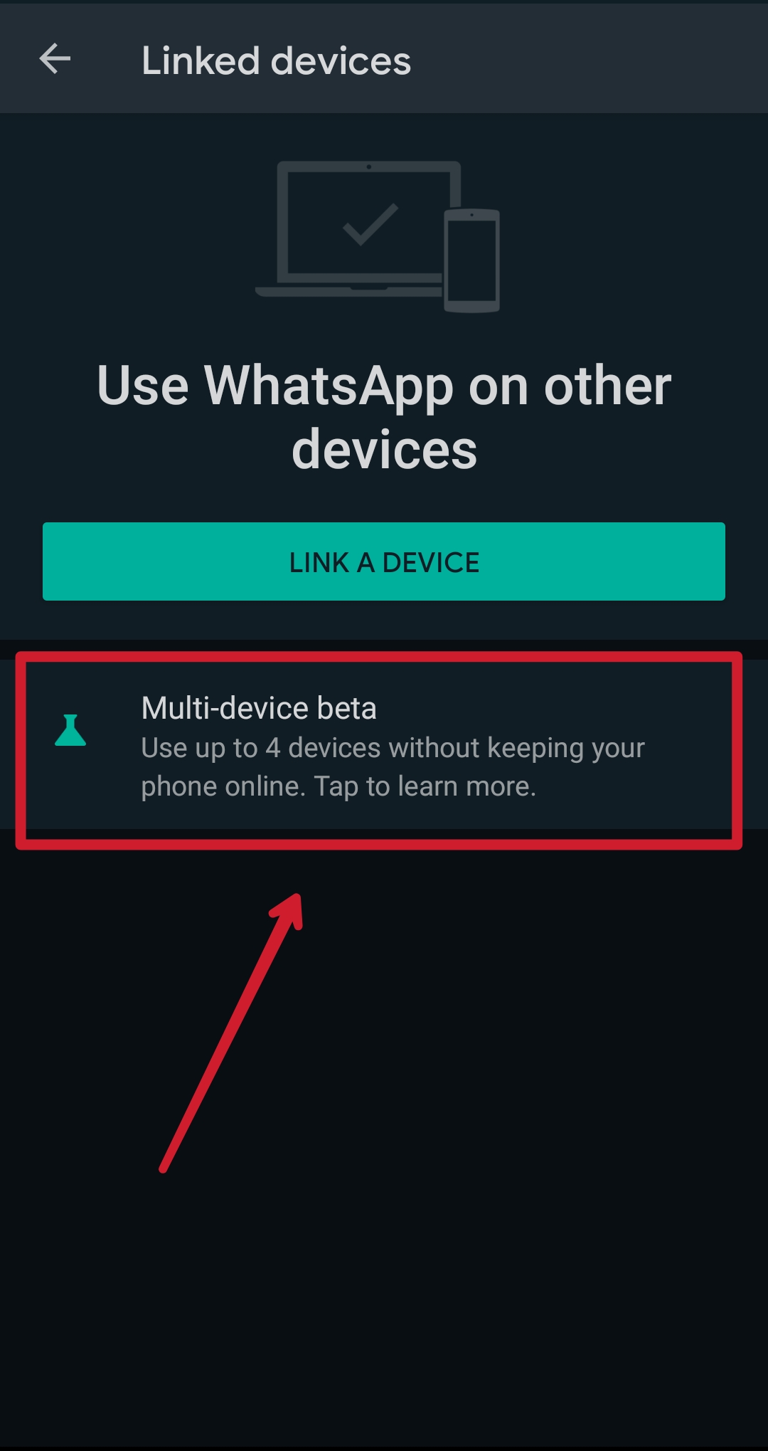 opzione beta multi-dispositivo nell'applicazione whatsapp