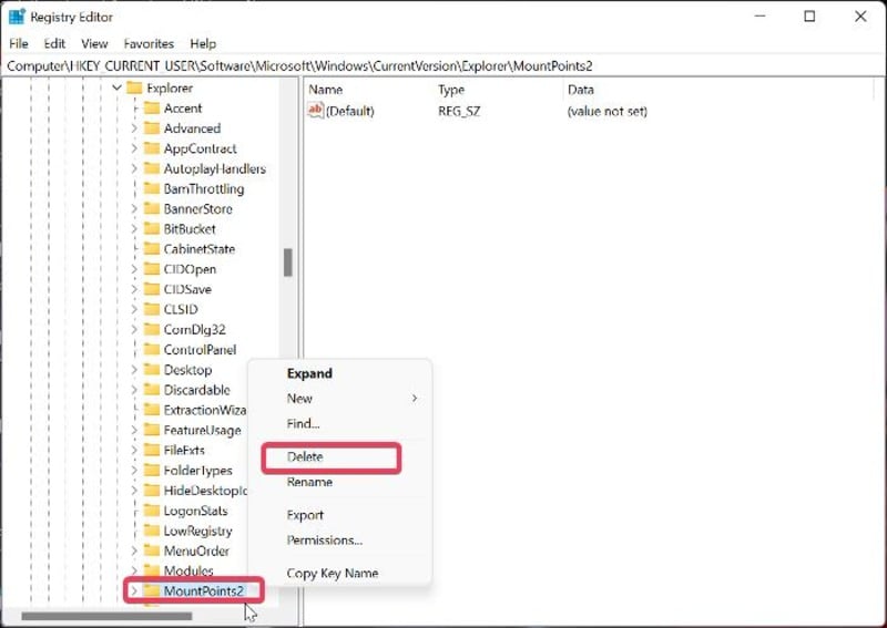 8 Möglichkeiten zur Behebung des Fehlers „Der lokale Gerätename wird bereits verwendet“ in Windows - MountPoint2 in der Registrierung löschen