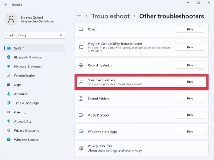 solucionador de problemas de indexación de windows 11