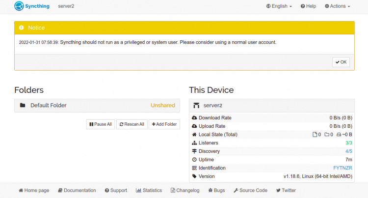 dashboard di Syncthing