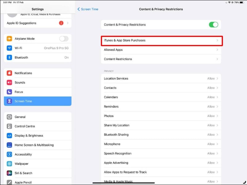 imagem mostrando configurações de tempo de uso do ipad