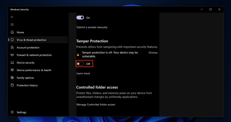 disattivazione della protezione da manomissione in windows 11.