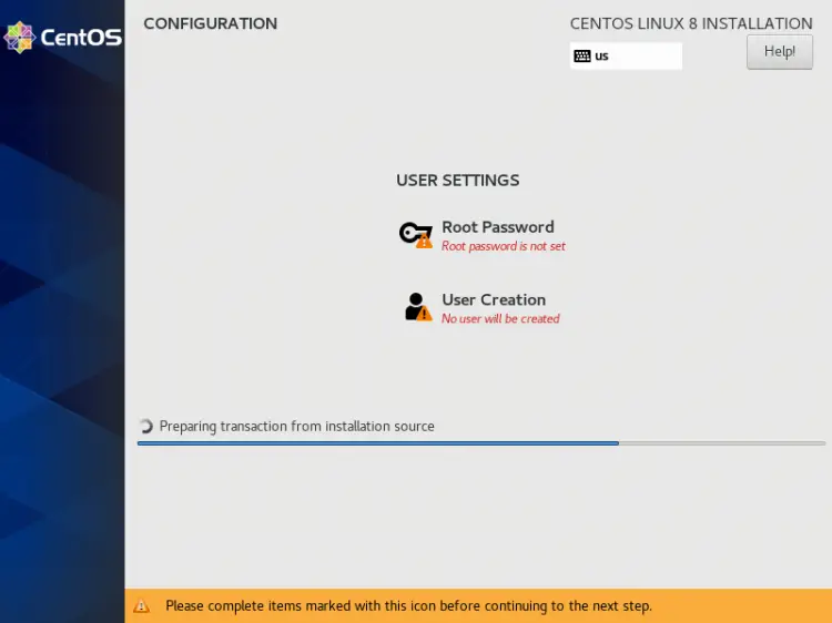 Configurar usuários e senhas enquanto o CentOS está sendo instalado