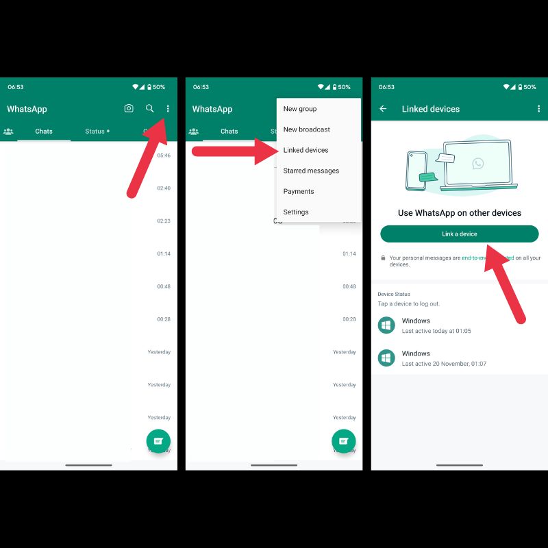 WhatsApp Webのリンクされたデバイスメニュー