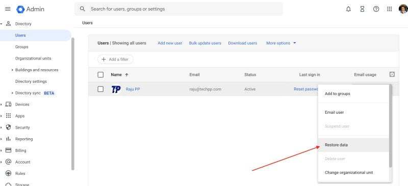 haz clic en restaurar datos