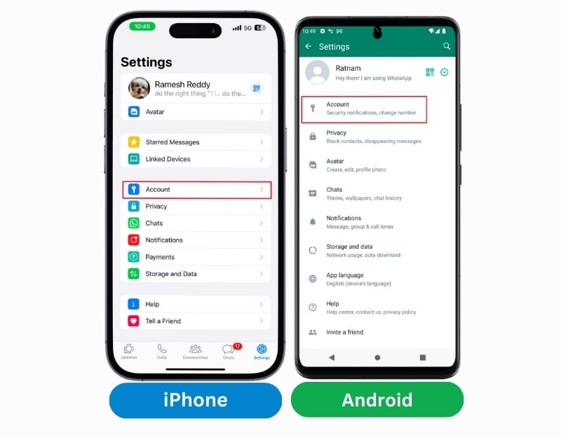 paramètres du compte whatsapp sur android et iphone