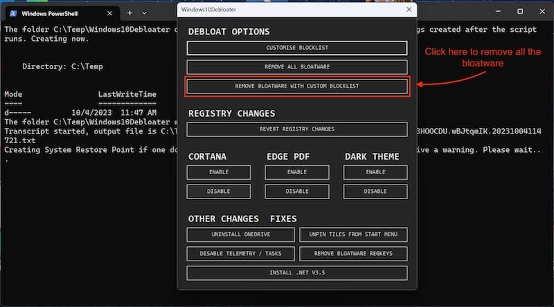 clique em remover bloatware com lista de bloqueio personalizada para remover o bloatware selecionado