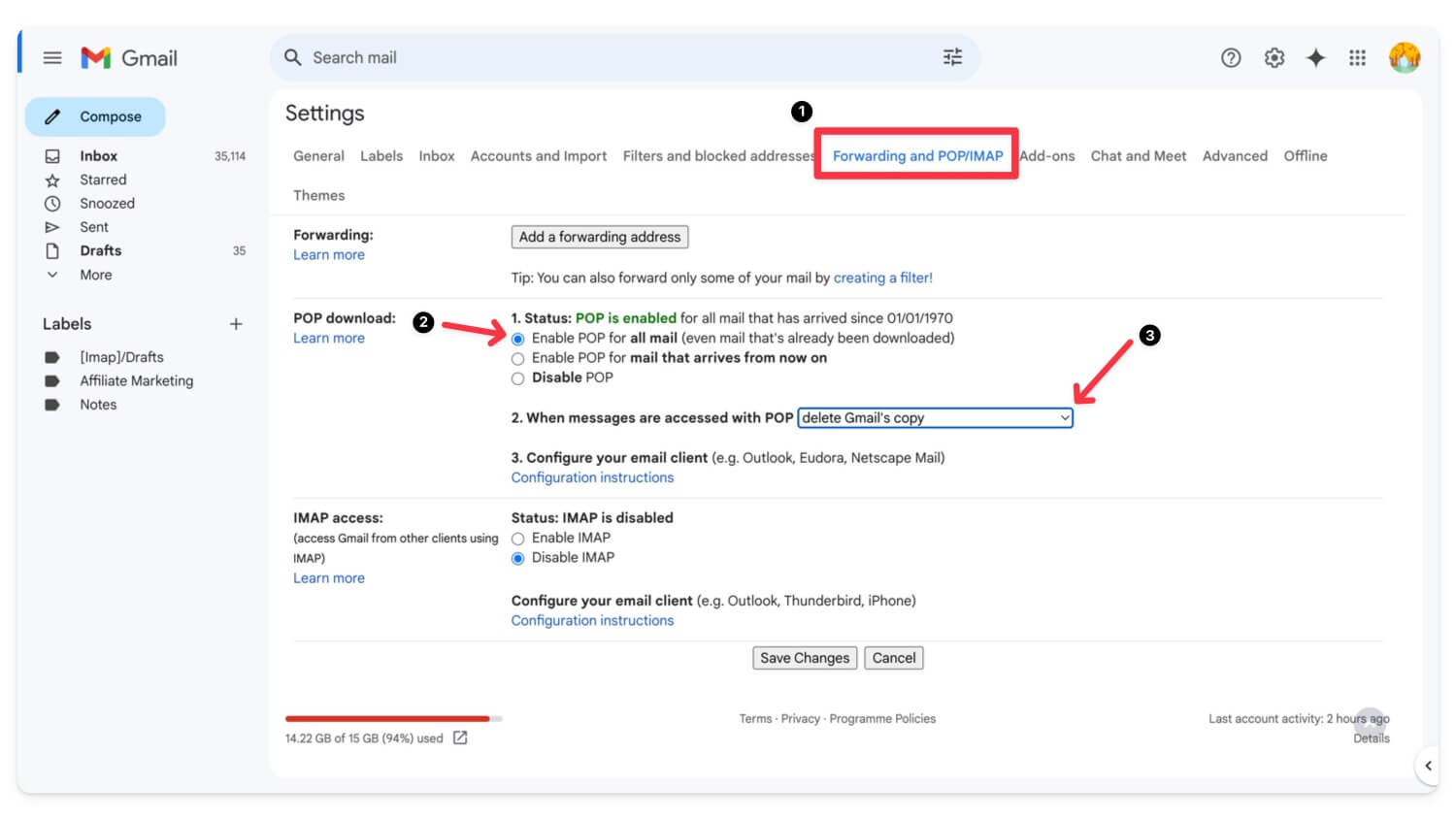 gmail settings adding pop for all emails