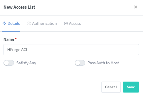Nova Lista de Acesso do Nginx Proxy Manager
