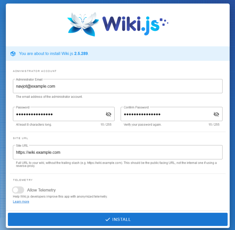 Pagina di Configurazione di Wiki.js