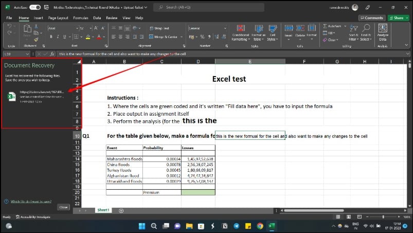 imagem mostrando opções de recuperação de documentos do excel no windows