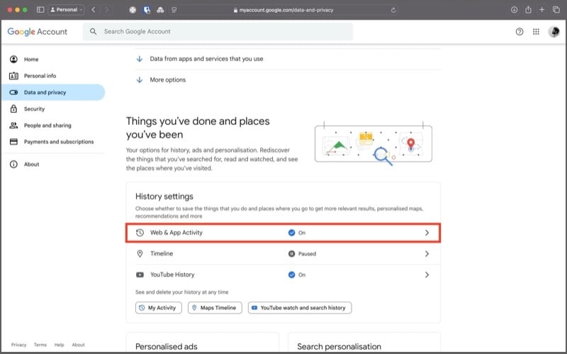 option web & activité dans l'onglet des paramètres d'historique sur la page du compte google.