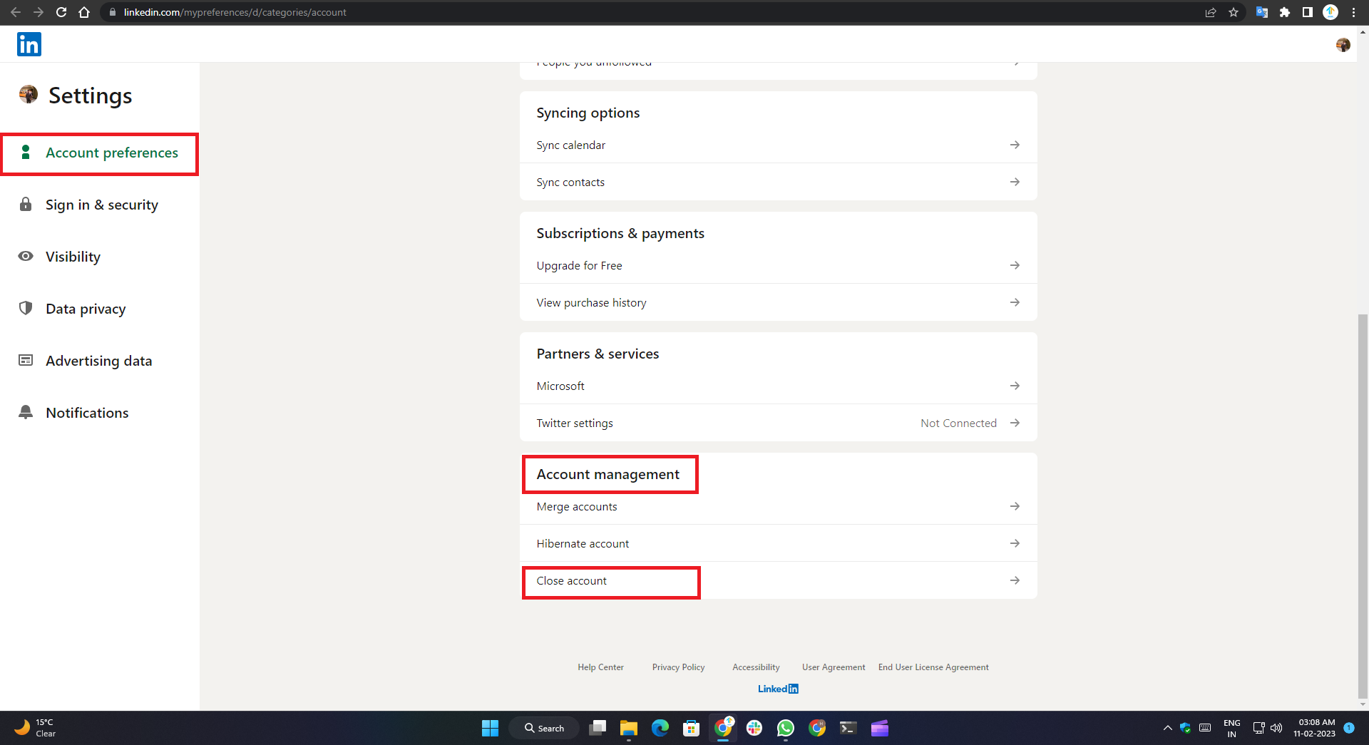 wie man ein linkedin-konto löscht- kontoverwaltung tab