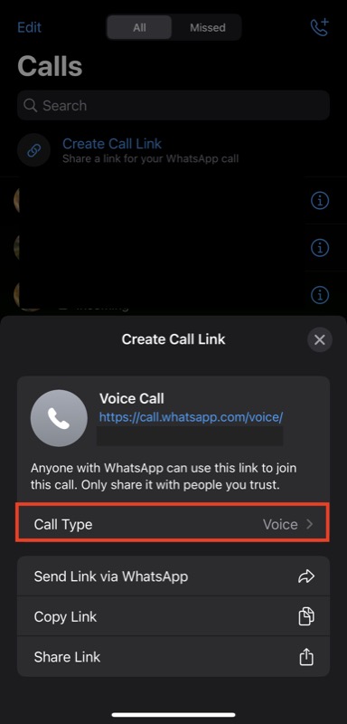 elegir tipo de llamada para enlace de llamada de whatsapp