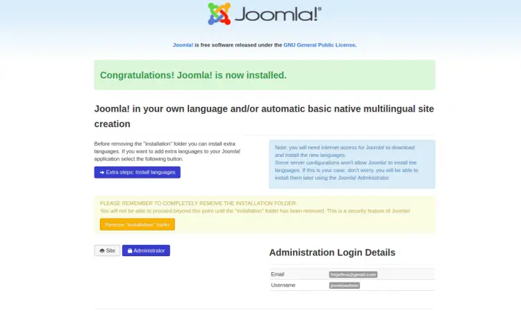 Joomlaが正常にインストールされました