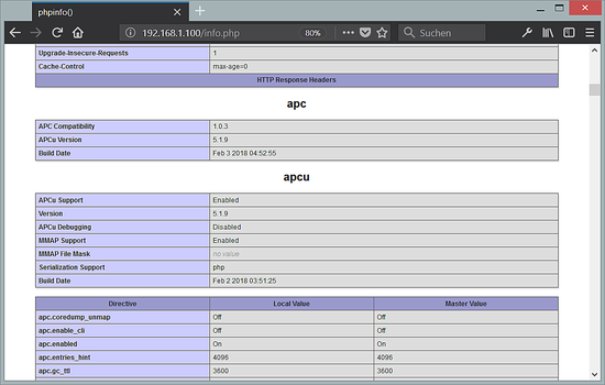 APC und APCu in PHP 7.2 aktiviert