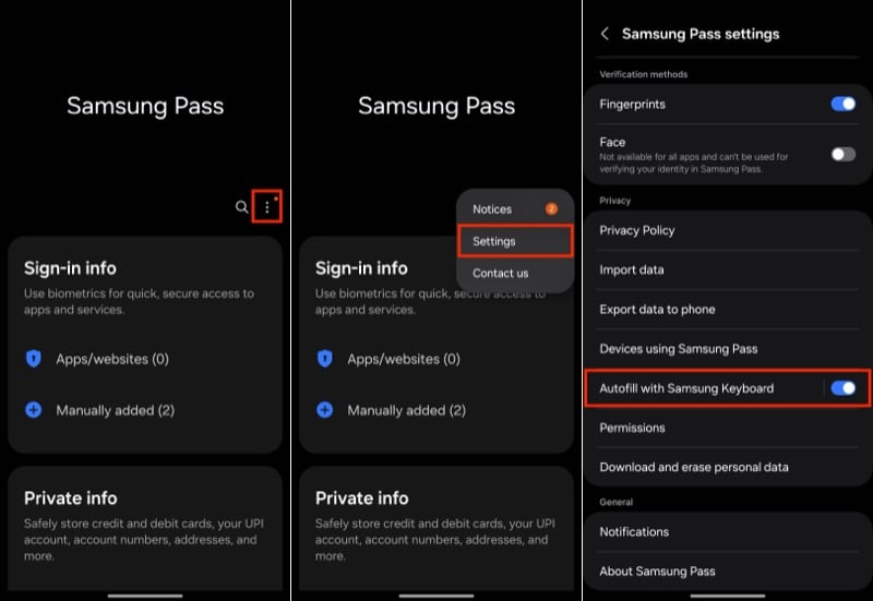 attivazione della funzionalità di completamento automatico con la tastiera samsung in samsung pass su un dispositivo galaxy.