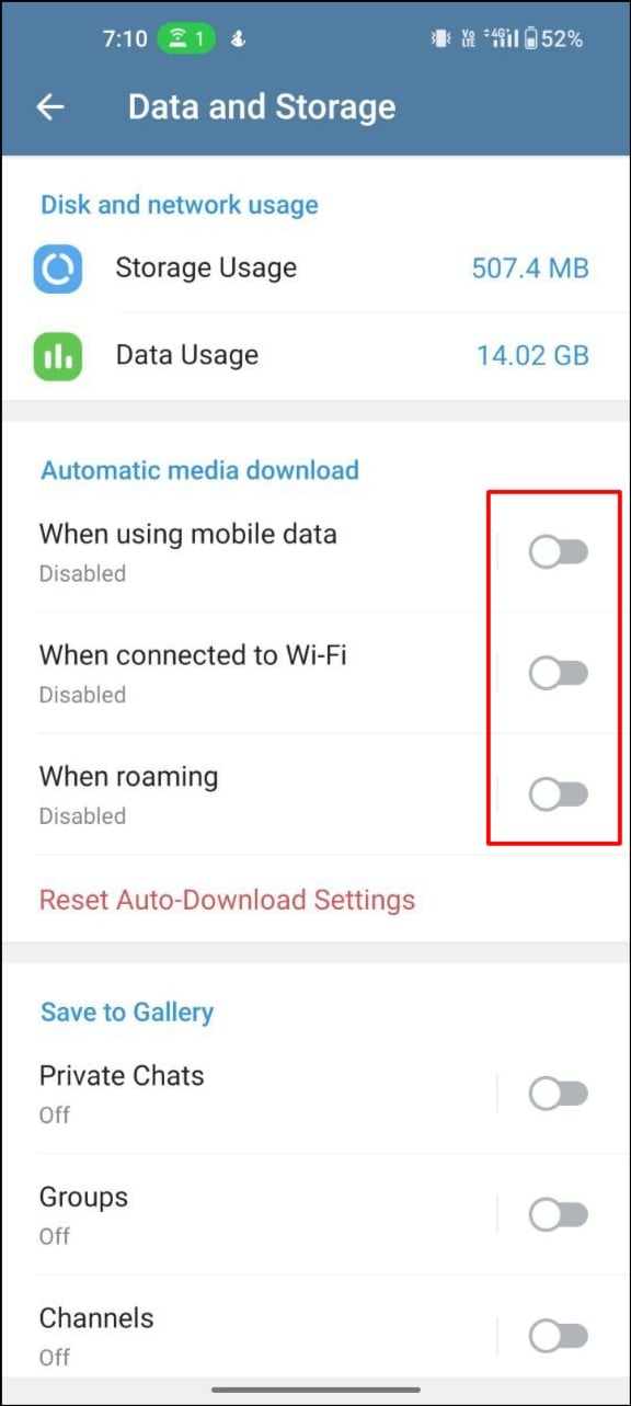 opzioni di download automatico di media su telegram