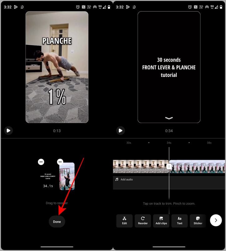 réorganisation des clips sur l'éditeur de reel instagram étape 2
