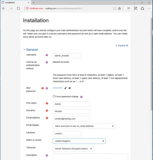 Configurer les détails de Moodle comme le fuseau horaire, etc.