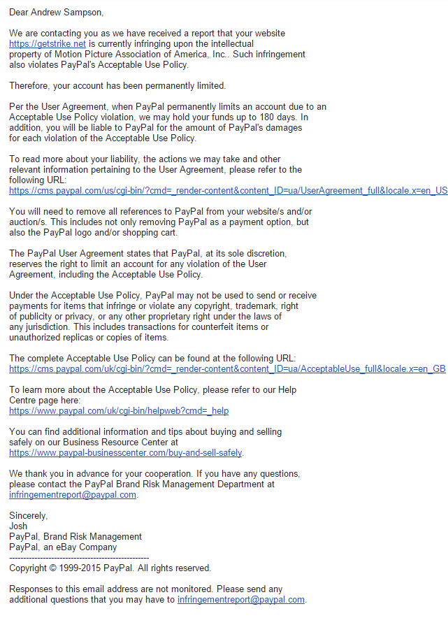 GetStrike 토렌트 검색 엔진 개발자의 PayPal 계정이 MPAA의 불만으로 압수됨