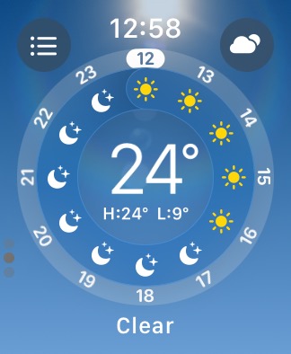aplicación del clima abierta en vista de pantalla completa en un apple watch.