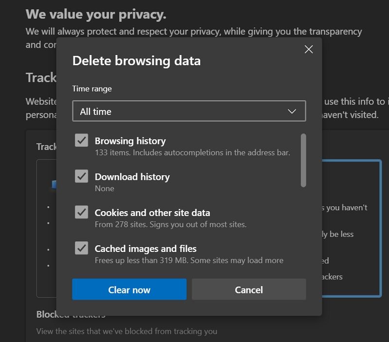 effacer les cookies et le cache sur le navigateur edge