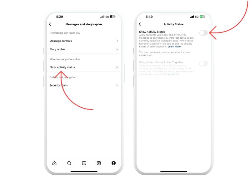Instagramのアクティビティステータス隠し設定