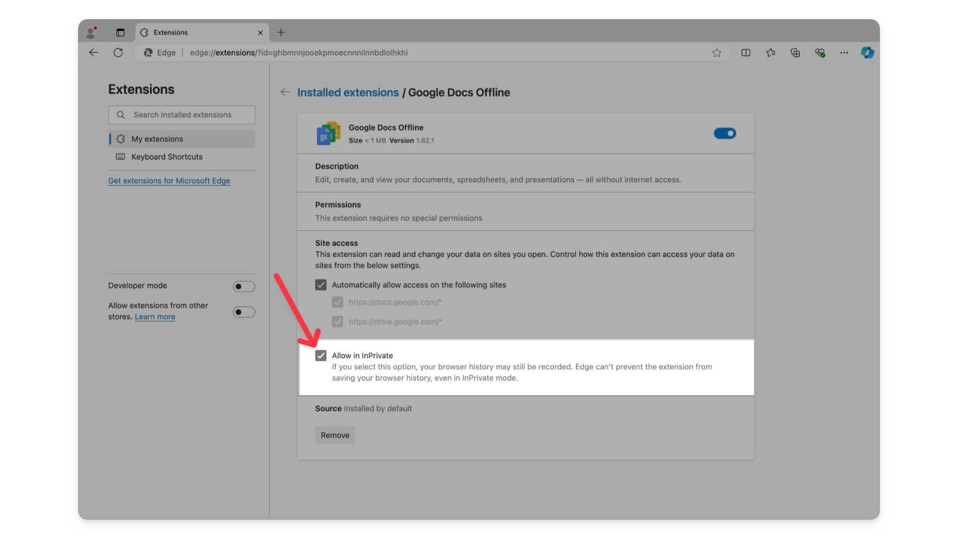 Microsoft Edge Erweiterungen im privaten Modus zulassen