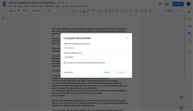 sélection du deuxième document pour comparaison