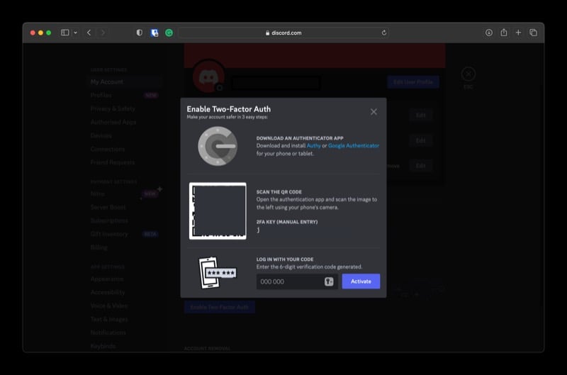 codice di autenticazione su discord